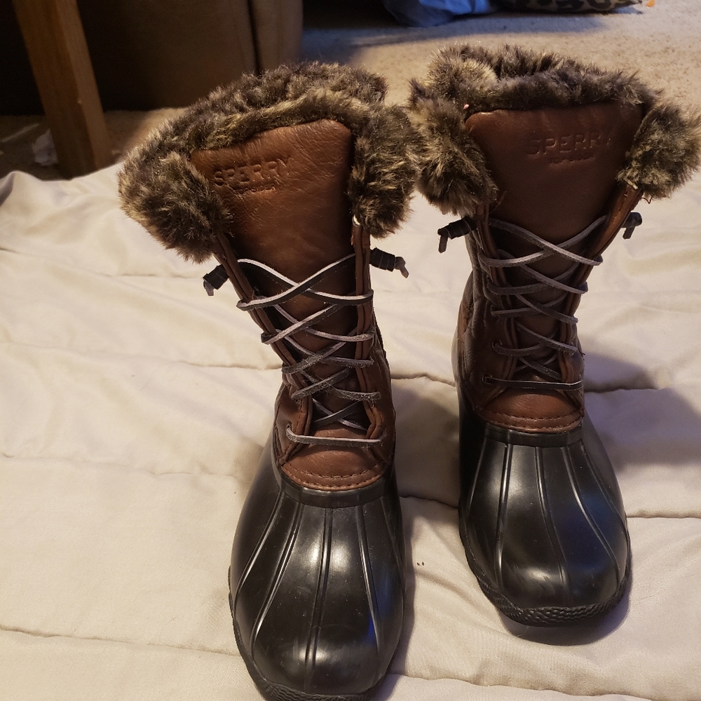 Sperry Girl Brownblack Topsider Saltwater Duck boots fauxfur lining Waterproof 3
